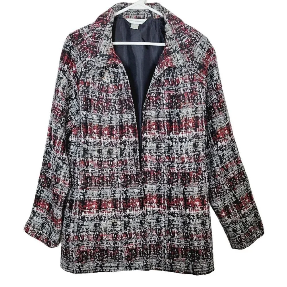 Christopher & Banks Sz Large Jacquard Open Front Jacket Embroidered Red Black